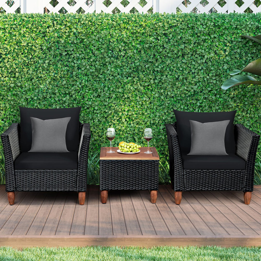 Costway 3 PCS Outdoor Patio Rattan Bistro Furniture Set Wooden Table Top Cushioned Sofa Black Brown Image 1