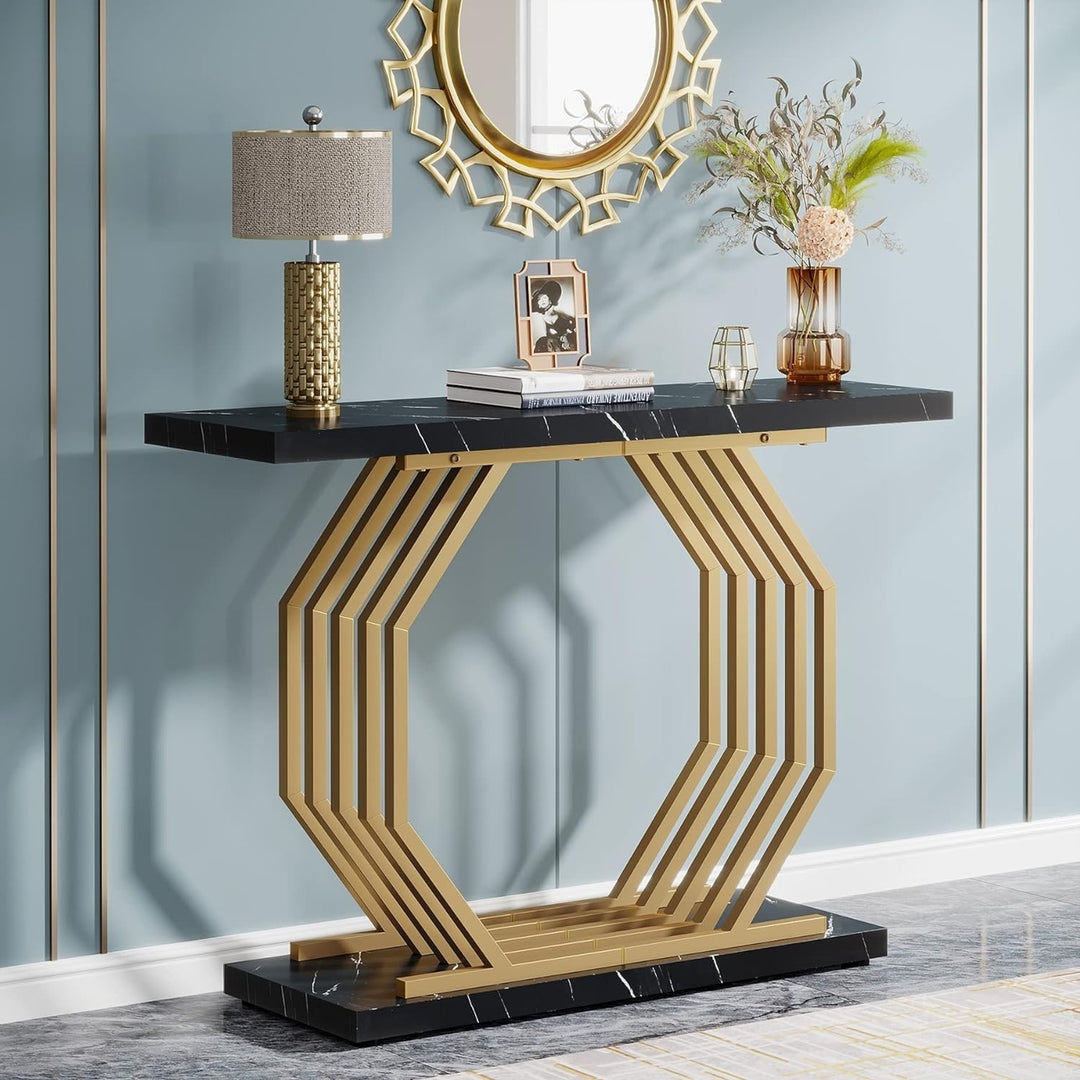 Tribesigns Gold Faux Marble Entryway Table Narrow Sofa Table with Geometric Metal Base, 40 Inch Modern Accent Table Image 1