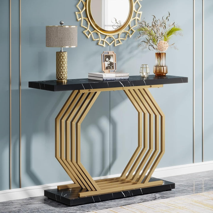 Tribesigns Gold Faux Marble Entryway Table Narrow Sofa Table with Geometric Metal Base, 40 Inch Modern Accent Table Image 1