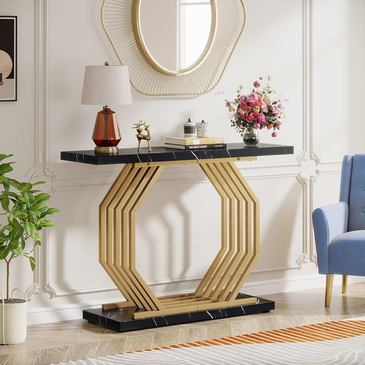 Tribesigns Gold Faux Marble Entryway Table Narrow Sofa Table with Geometric Metal Base, 40 Inch Modern Accent Table Image 3