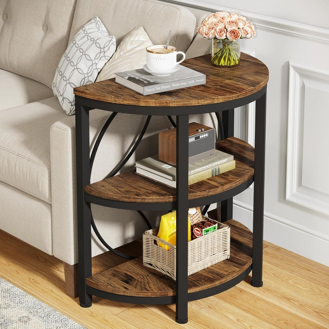 Tribesigns Half Round End Table 3-Tier Metal Frame Rustic Brown Small Accent Table Image 1