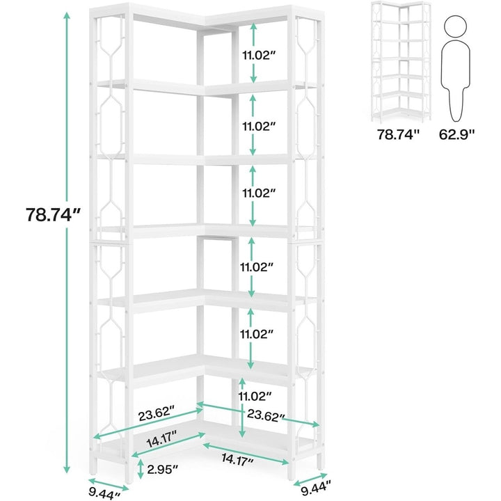 Tribesigns 7-Tier Corner Bookshelf Wood and Metal White Storage Rack Home Office Image 6