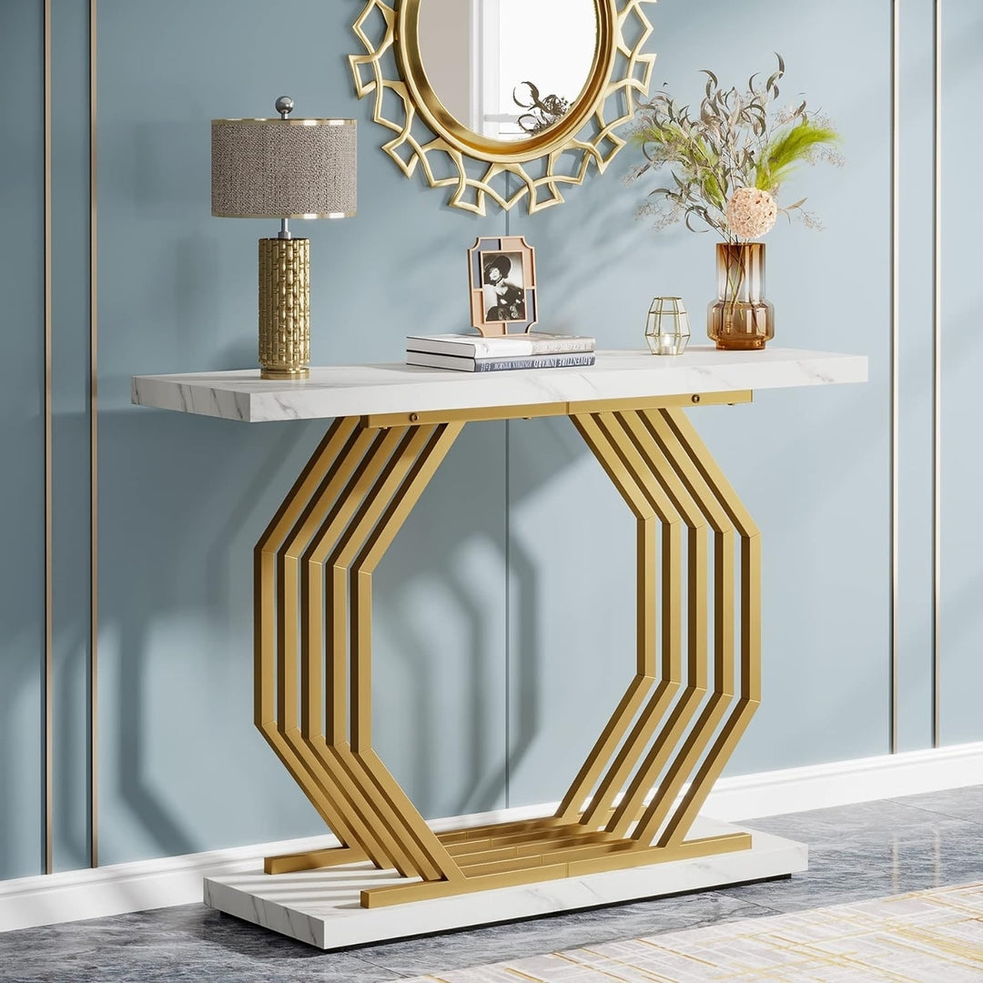 Tribesigns Gold Console Table, Faux Marble Entryway Narrow Sofa Table with Geometric Metal Base, 40 Inch Modern Accent Image 1