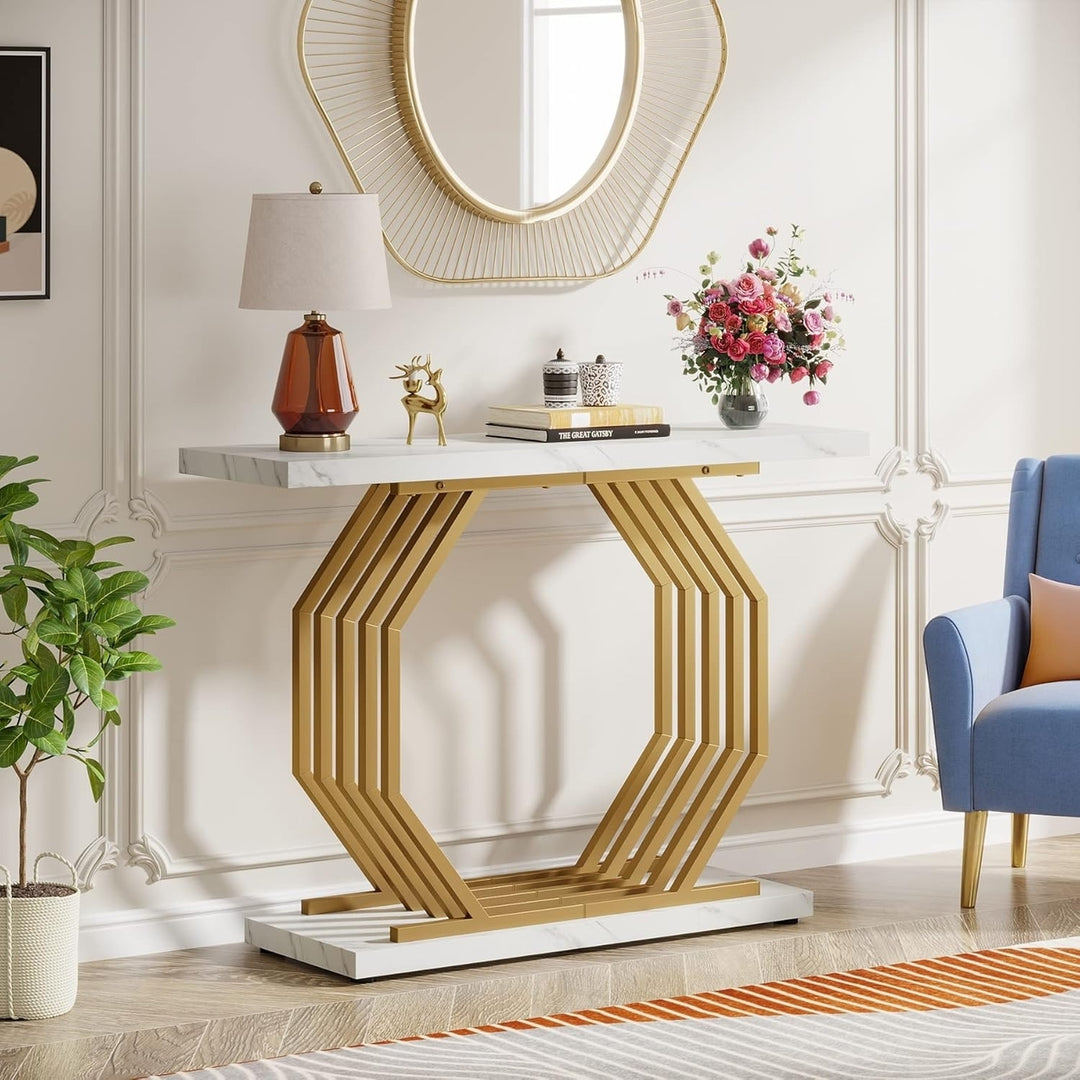 Tribesigns Gold Console Table, Faux Marble Entryway Narrow Sofa Table with Geometric Metal Base, 40 Inch Modern Accent Image 3