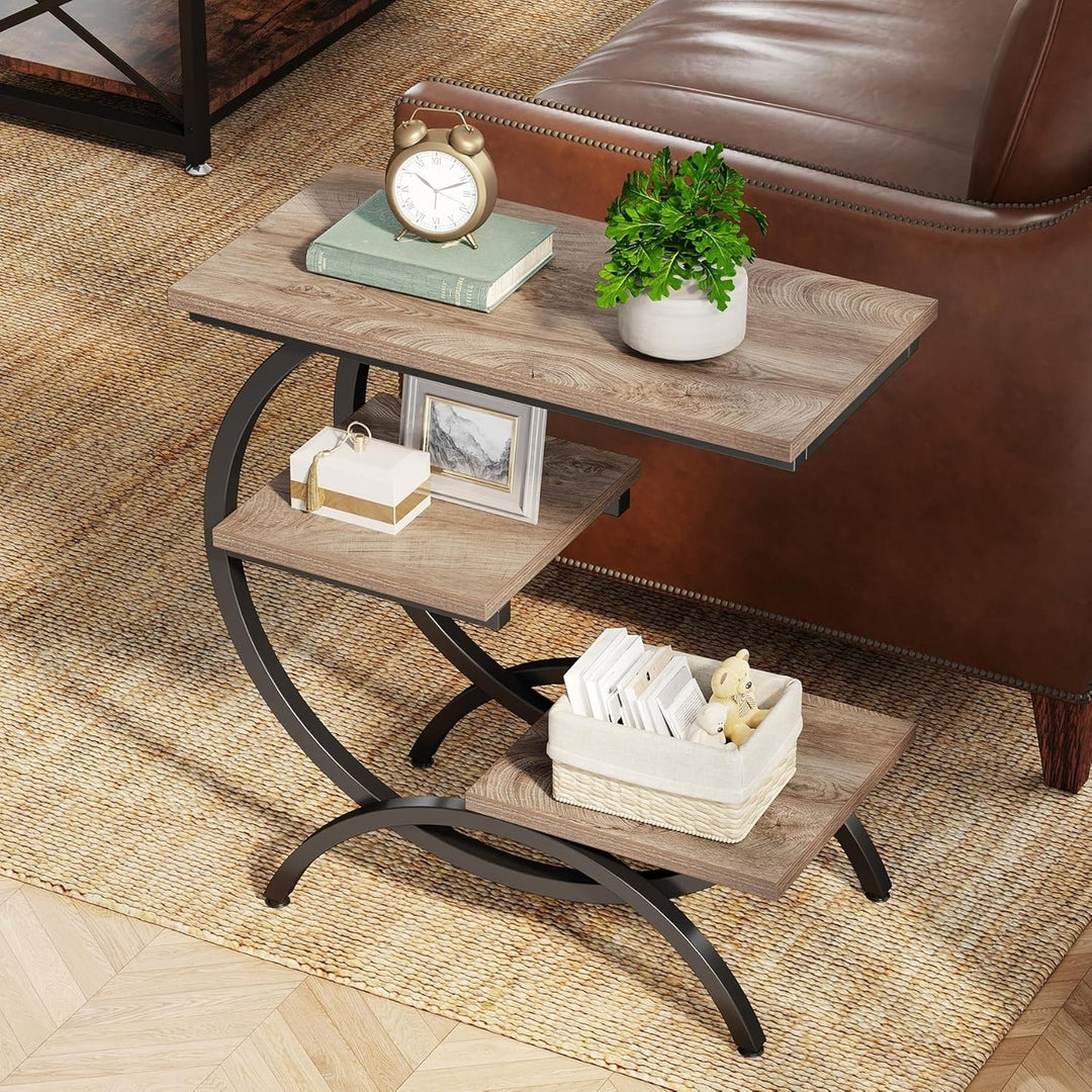 Tribesigns C-Shaped End Table Rustic Brown 3-Tier Industrial Storage Side Table Image 1