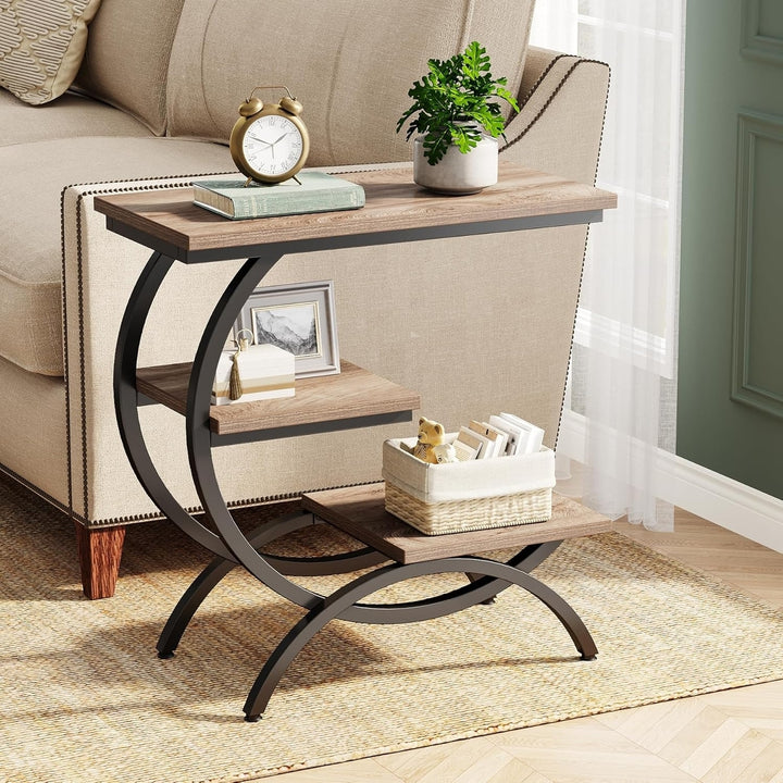 Tribesigns C-Shaped End Table Rustic Brown 3-Tier Industrial Storage Side Table Image 3