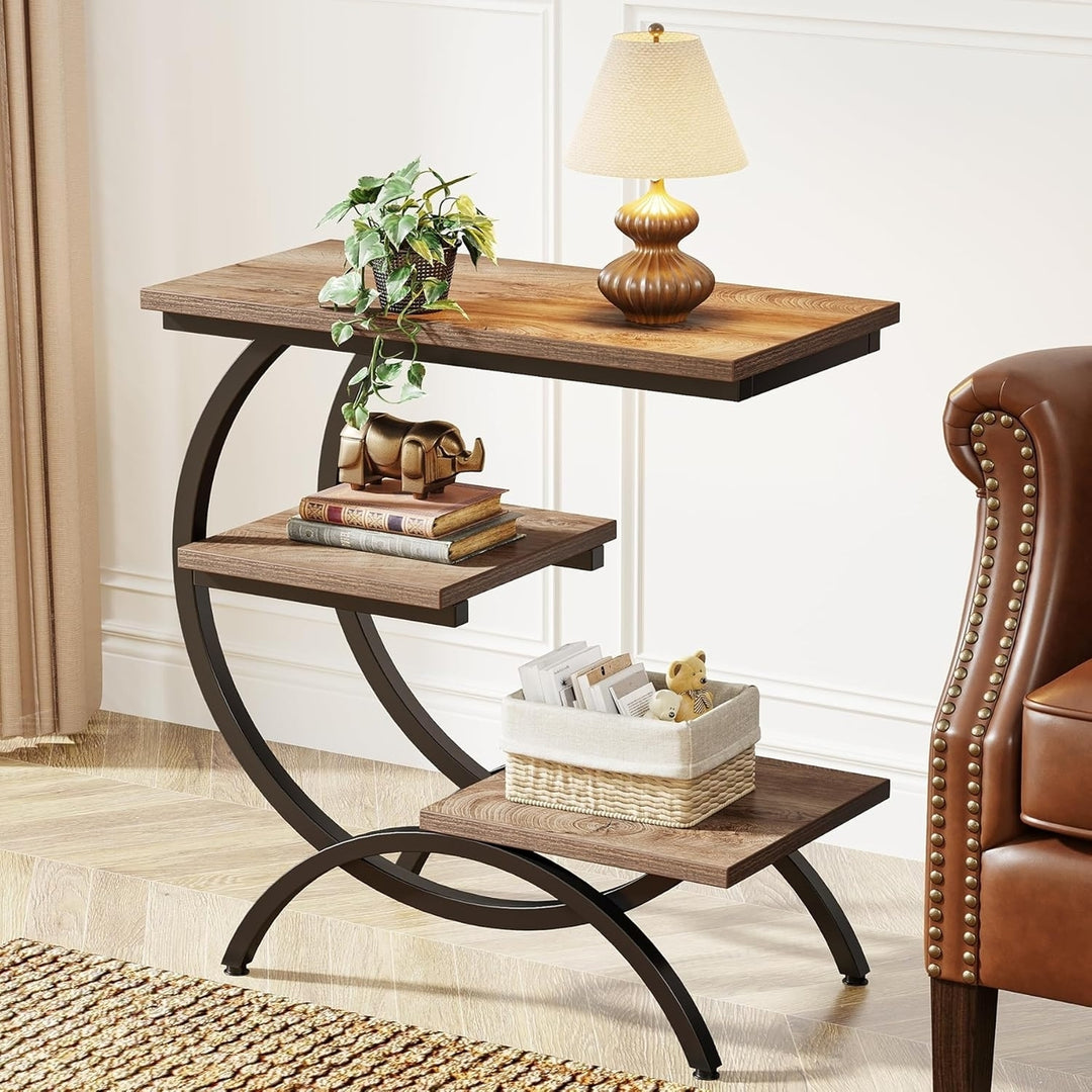 Tribesigns C-Shaped End Table Rustic Brown 3-Tier Industrial Storage Side Table Image 4