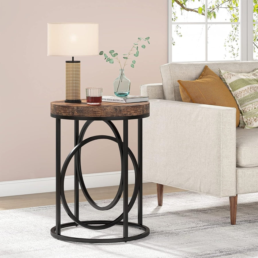 Tribesigns Modern Round End Table with Thick Wood Top,20 Inch Sofa Side Table Cocktail Table with Unique Black O-Shaped Image 1