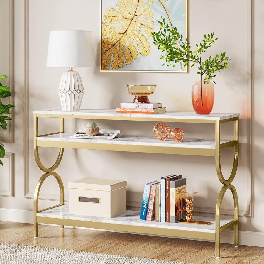 Tribesigns 55 Inch Console Table Faux Marble Top Gold Frame 3-Tier Storage Image 1