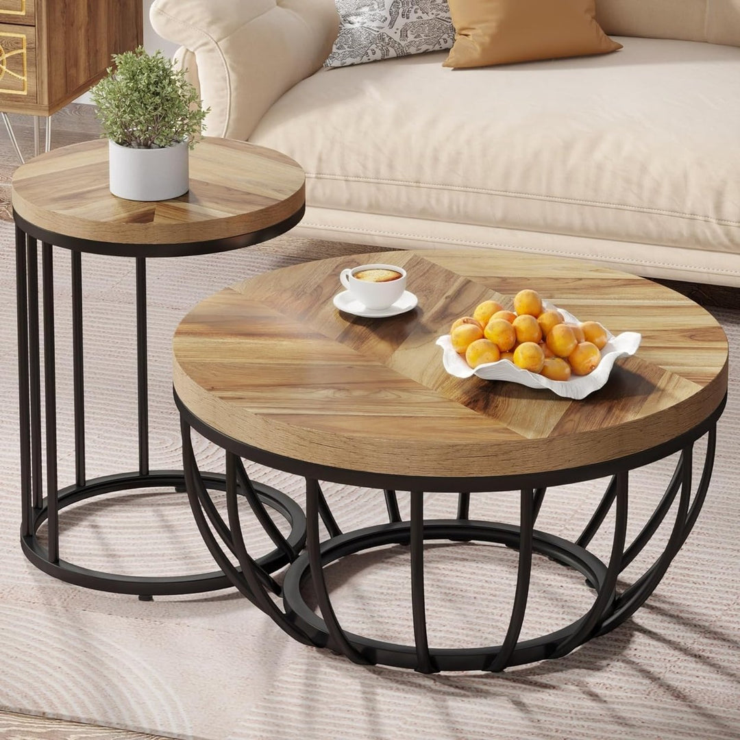 Tribesigns Round Coffee Table, 2 Pieces Nesting Tables with Metal Frame and Wooden Desktop, Circle Center Table for Image 1