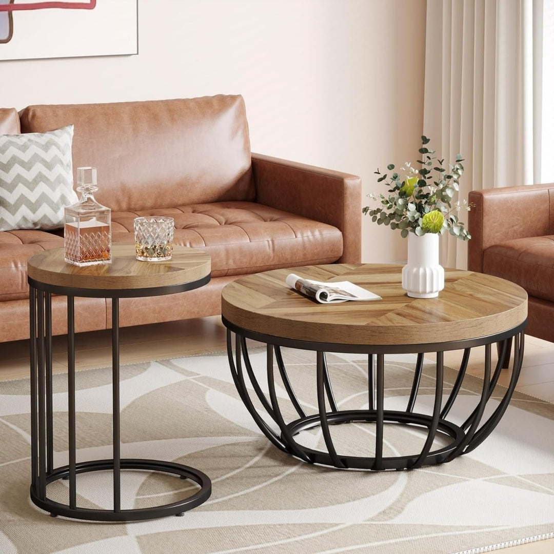 Tribesigns Round Coffee Table, 2 Pieces Nesting Tables with Metal Frame and Wooden Desktop, Circle Center Table for Image 2