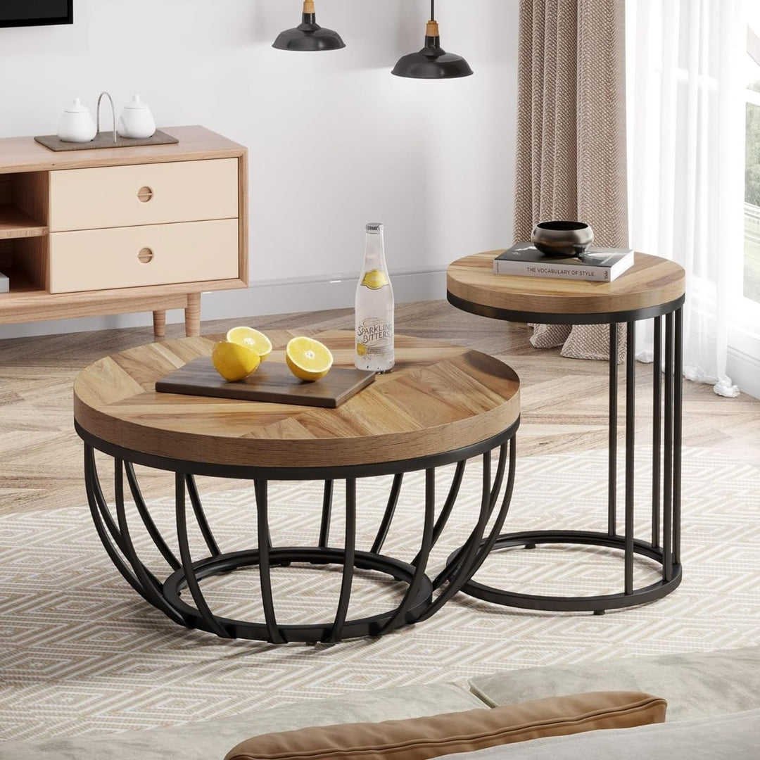 Tribesigns Round Coffee Table, 2 Pieces Nesting Tables with Metal Frame and Wooden Desktop, Circle Center Table for Image 3