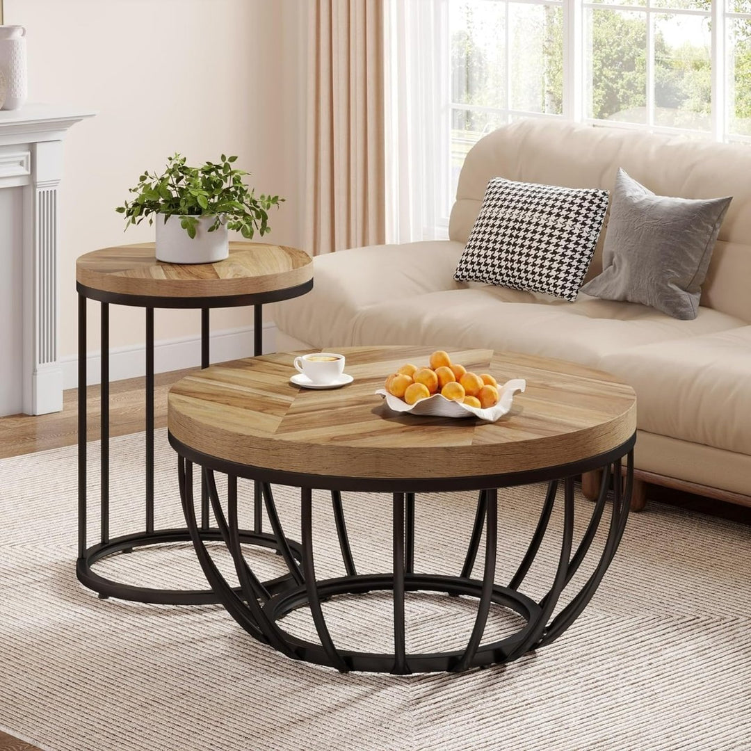 Tribesigns Round Coffee Table, 2 Pieces Nesting Tables with Metal Frame and Wooden Desktop, Circle Center Table for Image 4