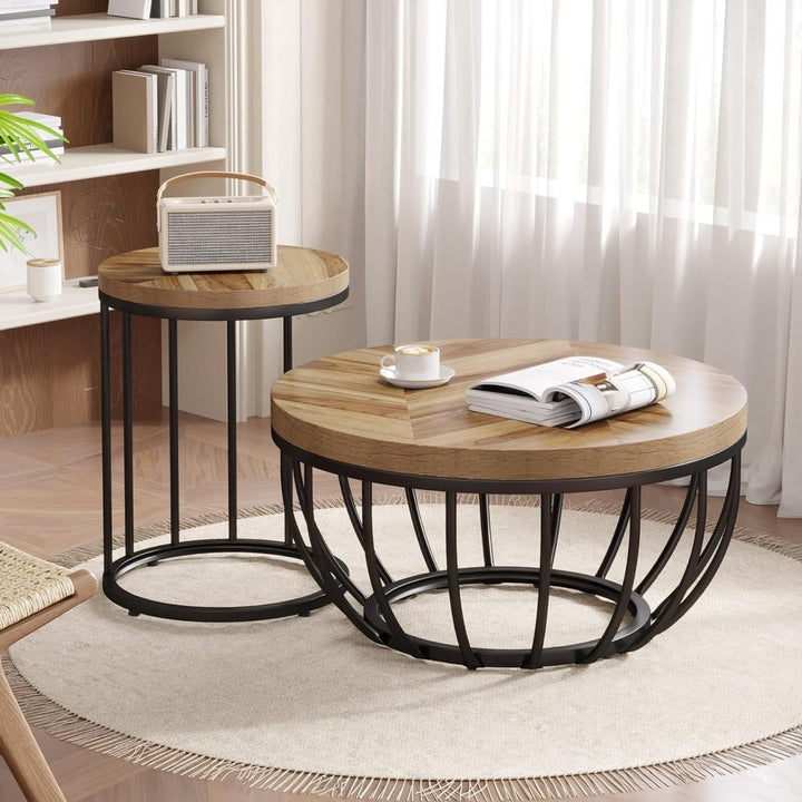 Tribesigns Round Coffee Table, 2 Pieces Nesting Tables with Metal Frame and Wooden Desktop, Circle Center Table for Image 5