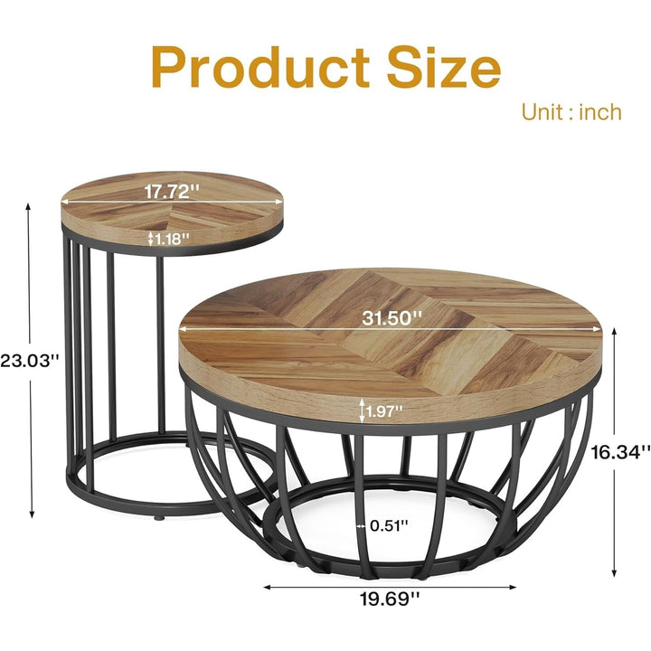 Tribesigns Round Coffee Table, 2 Pieces Nesting Tables with Metal Frame and Wooden Desktop, Circle Center Table for Image 6