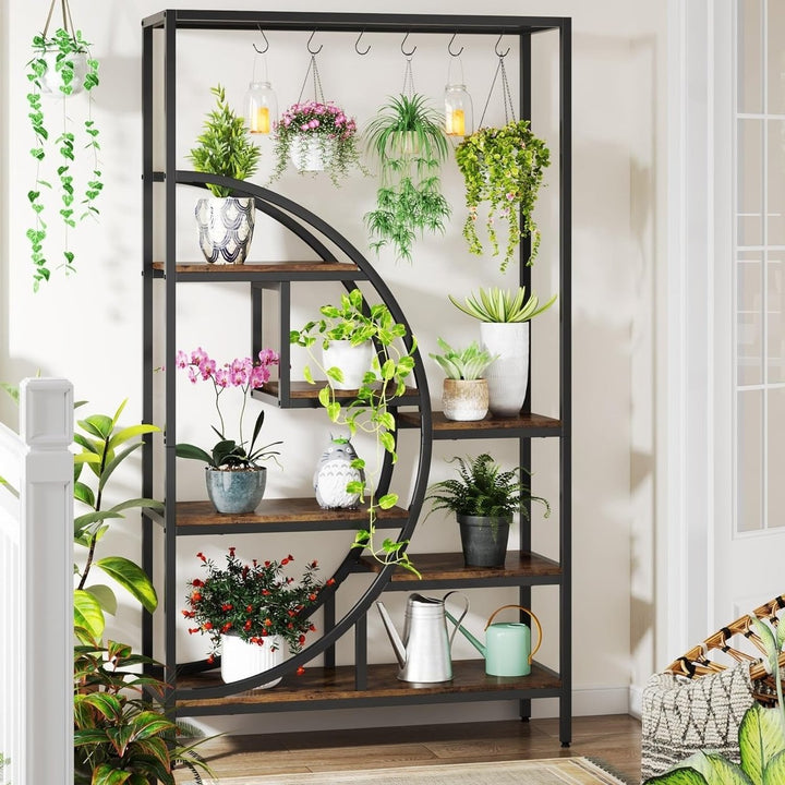 Tribesigns Industrial 7 Tier Indoor Plant Stand, 70.9 Inch Tall Half Moon Shaped Plant Shelf with 6PC S Hanging Image 1