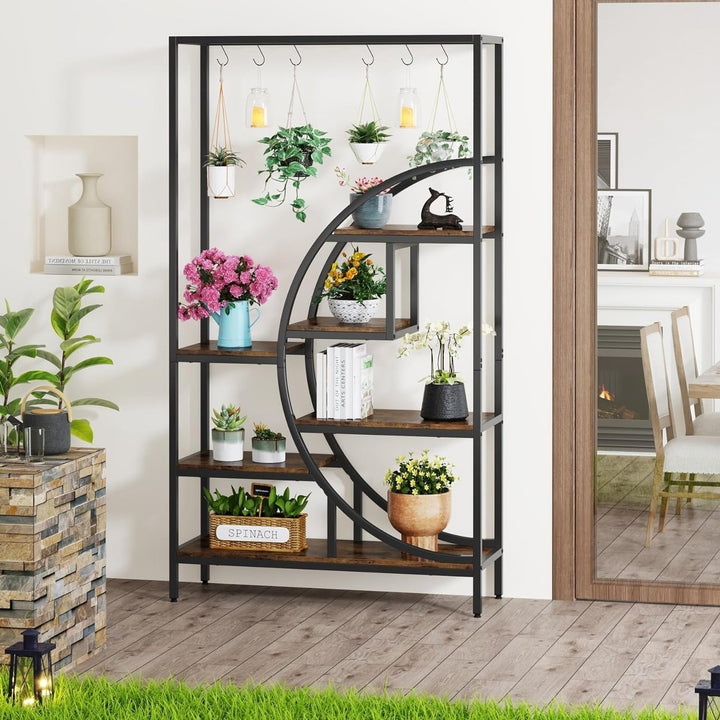 Tribesigns Industrial 7 Tier Indoor Plant Stand, 70.9 Inch Tall Half Moon Shaped Plant Shelf with 6PC S Hanging Image 2