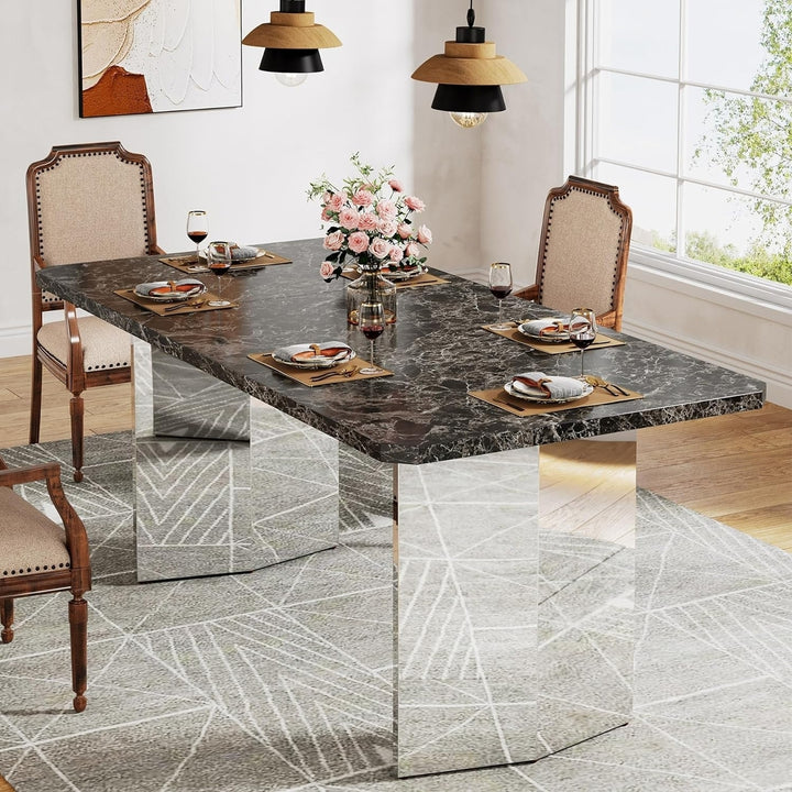 Tribesigns 63" Large Dining Table for 4 to 6 People, Modern Faux Marble Kitchen Table with Silver Trestle Base for Image 2