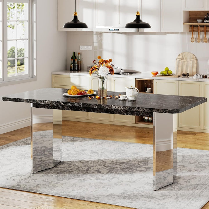 Tribesigns 63" Large Dining Table for 4 to 6 People, Modern Faux Marble Kitchen Table with Silver Trestle Base for Image 3