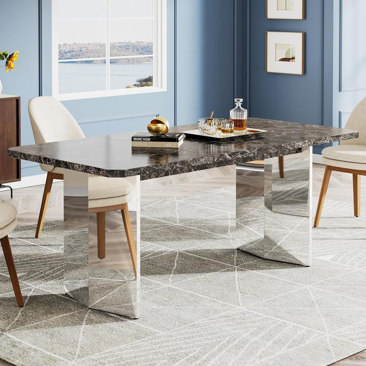 Tribesigns 63" Large Dining Table for 4 to 6 People, Modern Faux Marble Kitchen Table with Silver Trestle Base for Image 4