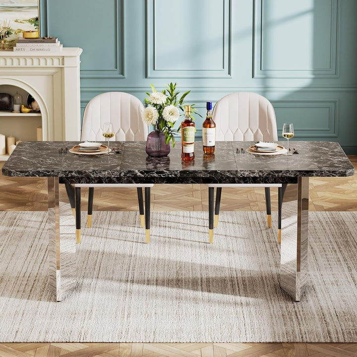 Tribesigns 63" Large Dining Table for 4 to 6 People, Modern Faux Marble Kitchen Table with Silver Trestle Base for Image 5