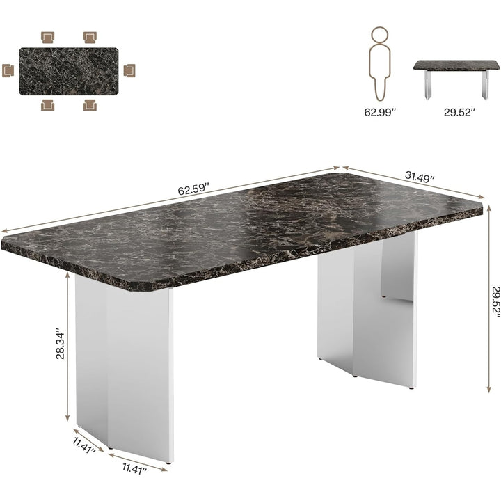 Tribesigns 63" Large Dining Table for 4 to 6 People, Modern Faux Marble Kitchen Table with Silver Trestle Base for Image 6