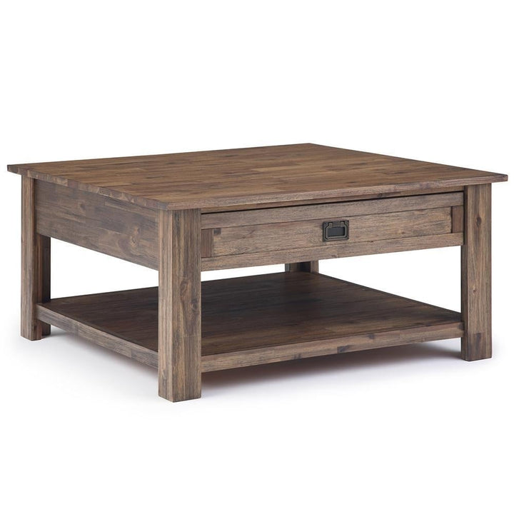 Monroe Square Coffee Table Acacia Wood 38 Inch Rustic Design with Storage Drawers Image 1