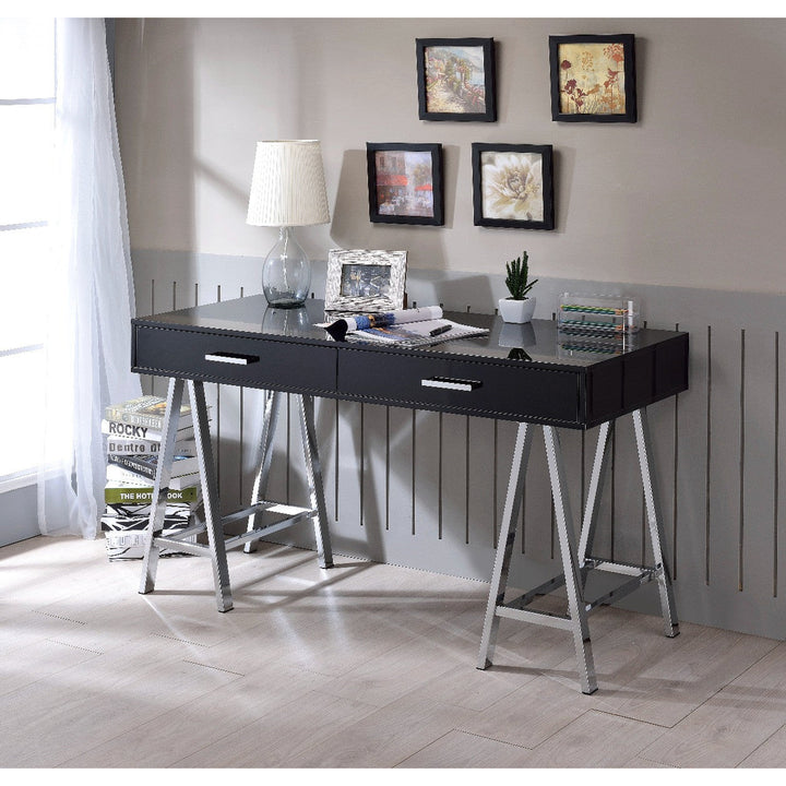 54" Black and Silver Writing Desk With Two Drawers Image 3