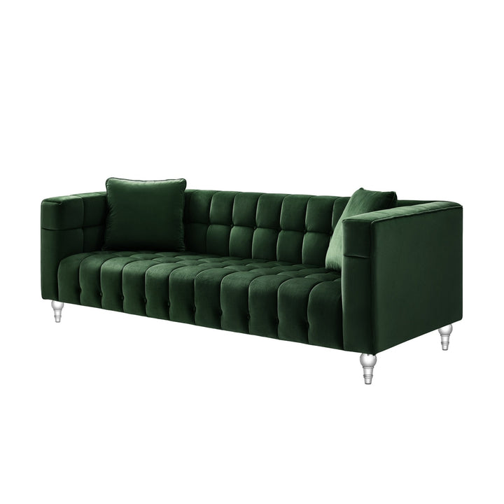 88" Hunter Green Velvet Sofa And Toss Pillows With Clear Legs Image 1