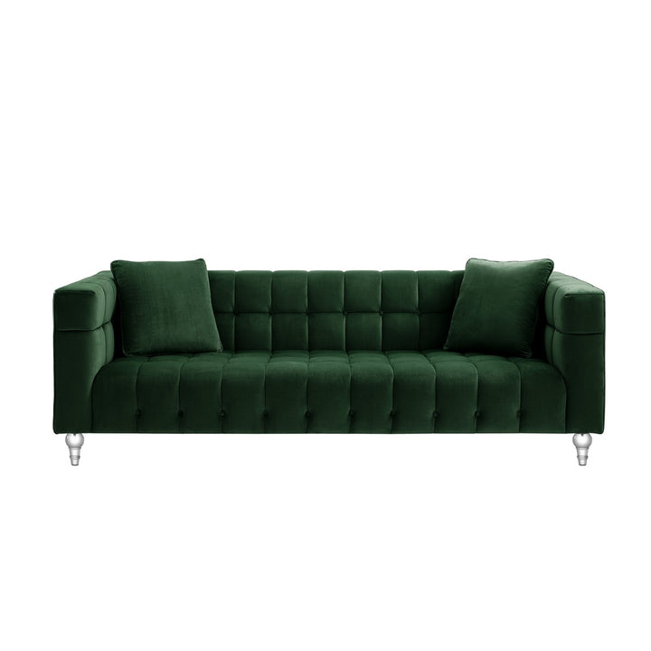 88" Hunter Green Velvet Sofa And Toss Pillows With Clear Legs Image 3