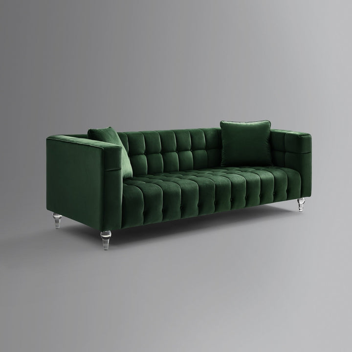 88" Hunter Green Velvet Sofa And Toss Pillows With Clear Legs Image 6