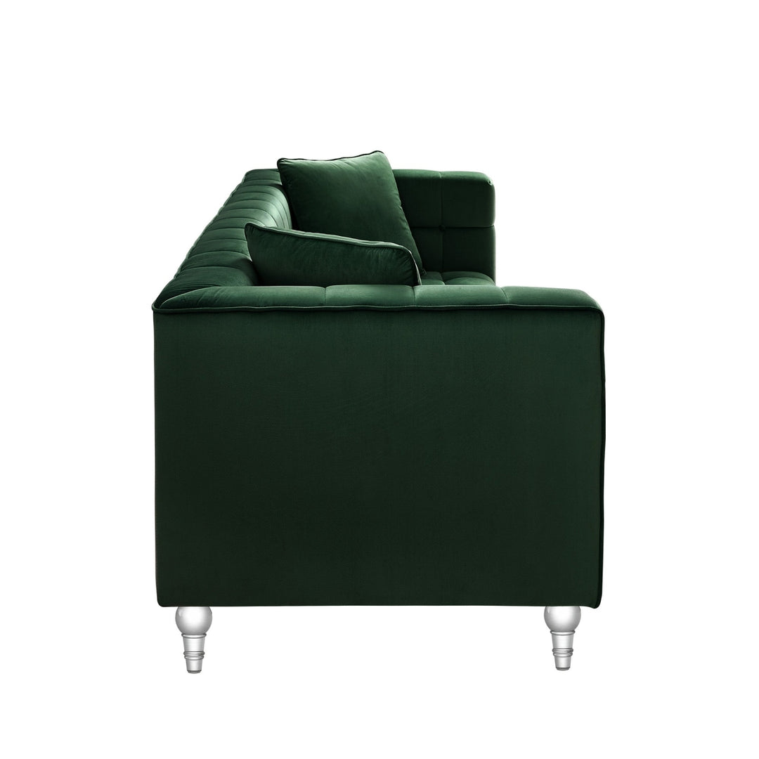 88" Hunter Green Velvet Sofa And Toss Pillows With Clear Legs Image 7