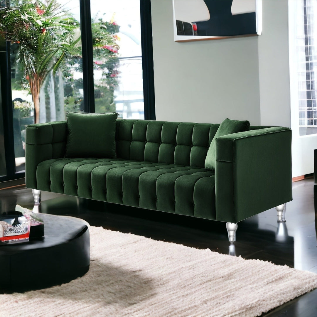 88" Hunter Green Velvet Sofa And Toss Pillows With Clear Legs Image 10