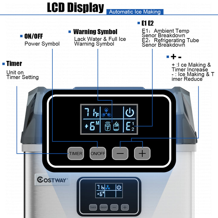 Stainless Steel Ice Maker Machine Countertop 48Lbs/24H Self-Clean with LCD Display Image 7