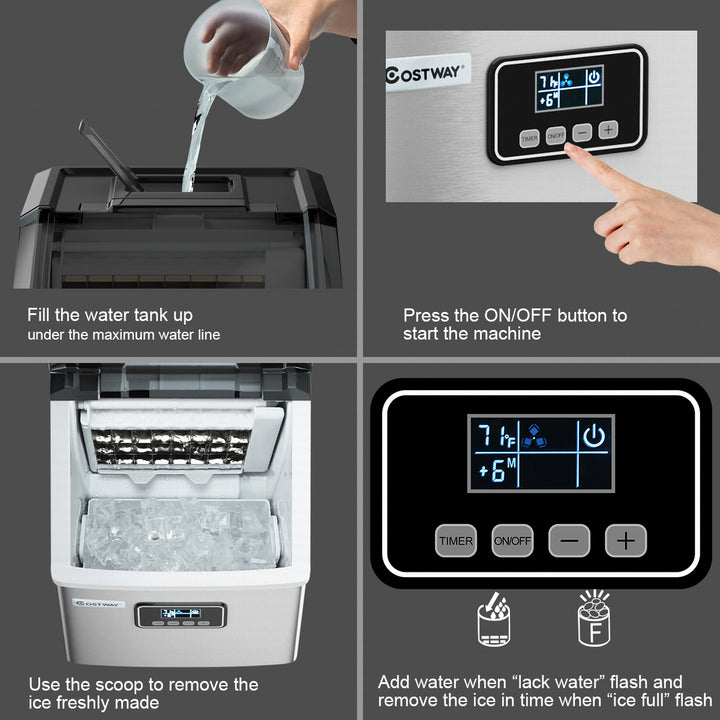 Stainless Steel Ice Maker Machine Countertop 48Lbs/24H Self-Clean with LCD Display Image 10