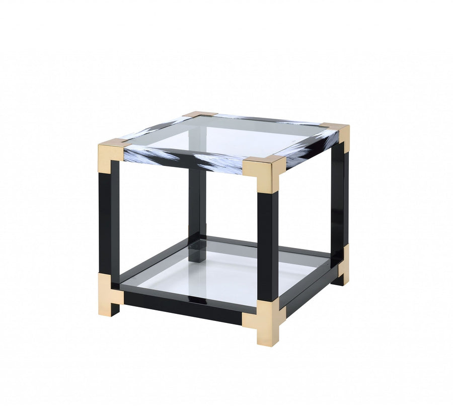 25" Black and Gold And Clear Glass Square End Table With Shelf With Magazine Holder Image 1