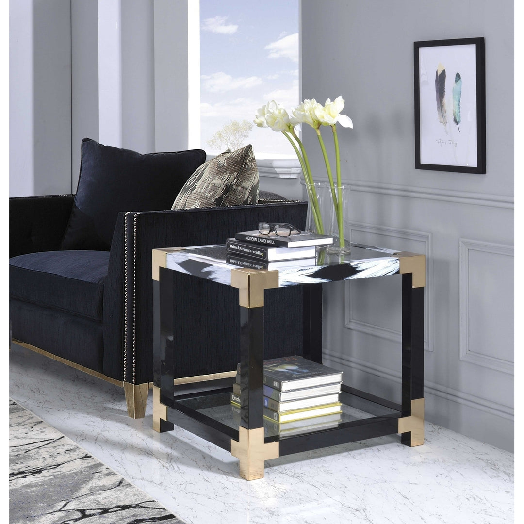 25" Black and Gold And Clear Glass Square End Table With Shelf With Magazine Holder Image 2