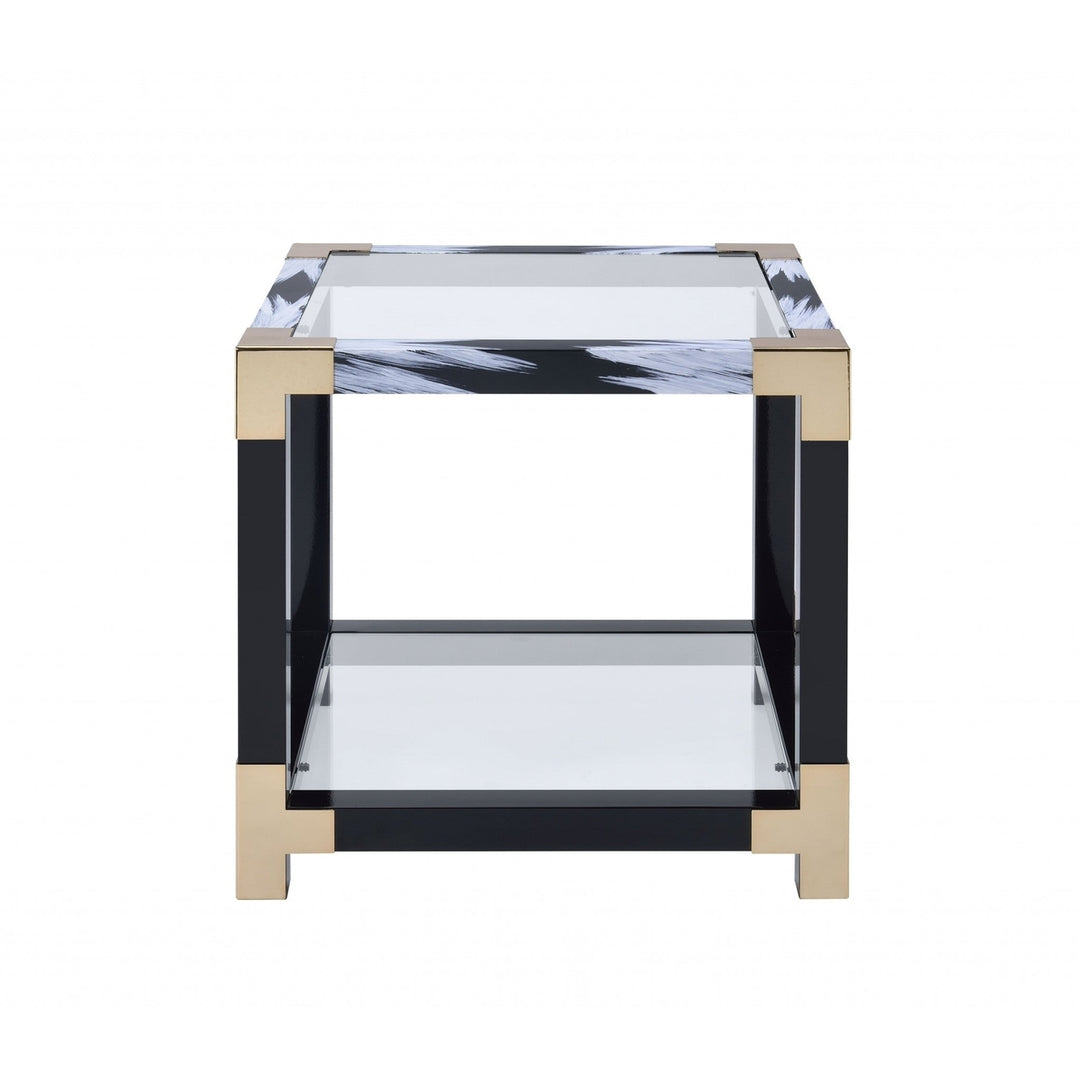 25" Black and Gold And Clear Glass Square End Table With Shelf With Magazine Holder Image 3