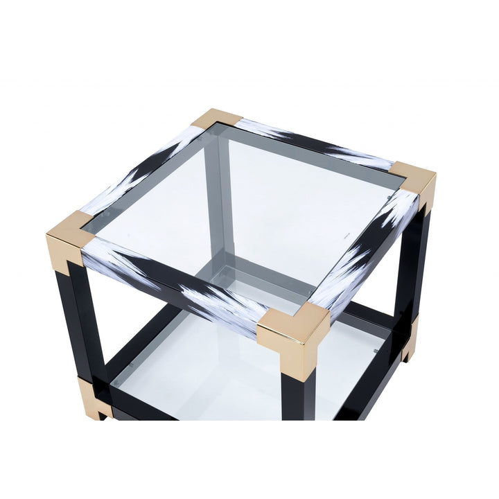 25" Black and Gold And Clear Glass Square End Table With Shelf With Magazine Holder Image 4