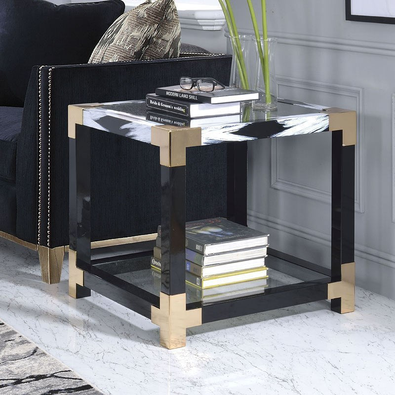 25" Black and Gold And Clear Glass Square End Table With Shelf With Magazine Holder Image 5