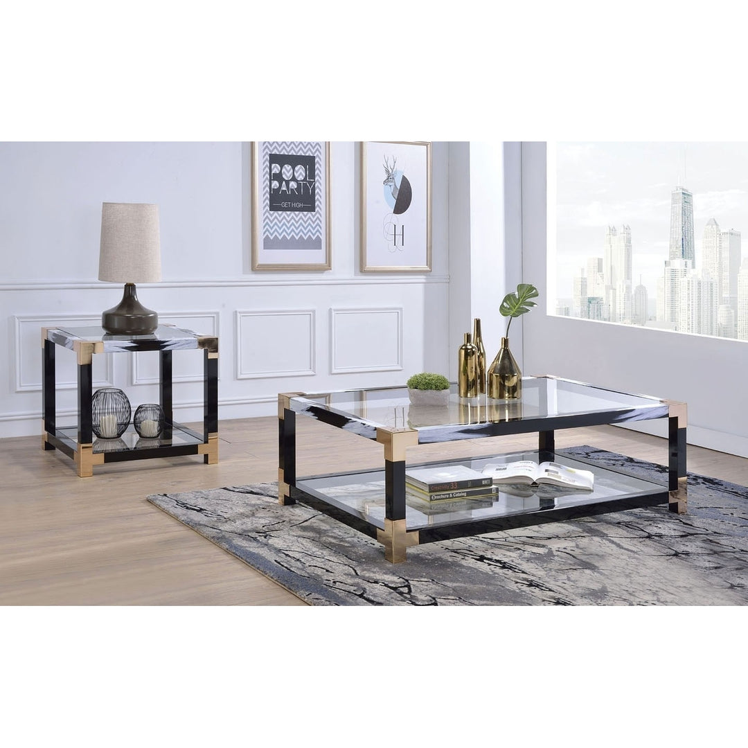 25" Black and Gold And Clear Glass Square End Table With Shelf With Magazine Holder Image 6