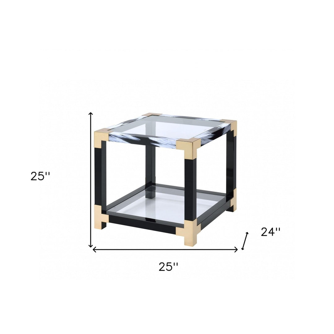 25" Black and Gold And Clear Glass Square End Table With Shelf With Magazine Holder Image 7