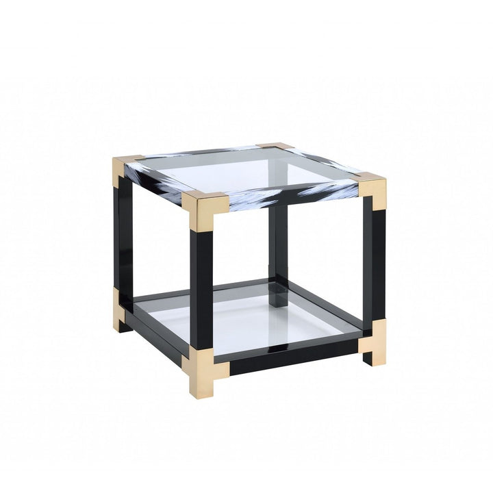 25" Black and Gold And Clear Glass Square End Table With Shelf With Magazine Holder Image 8