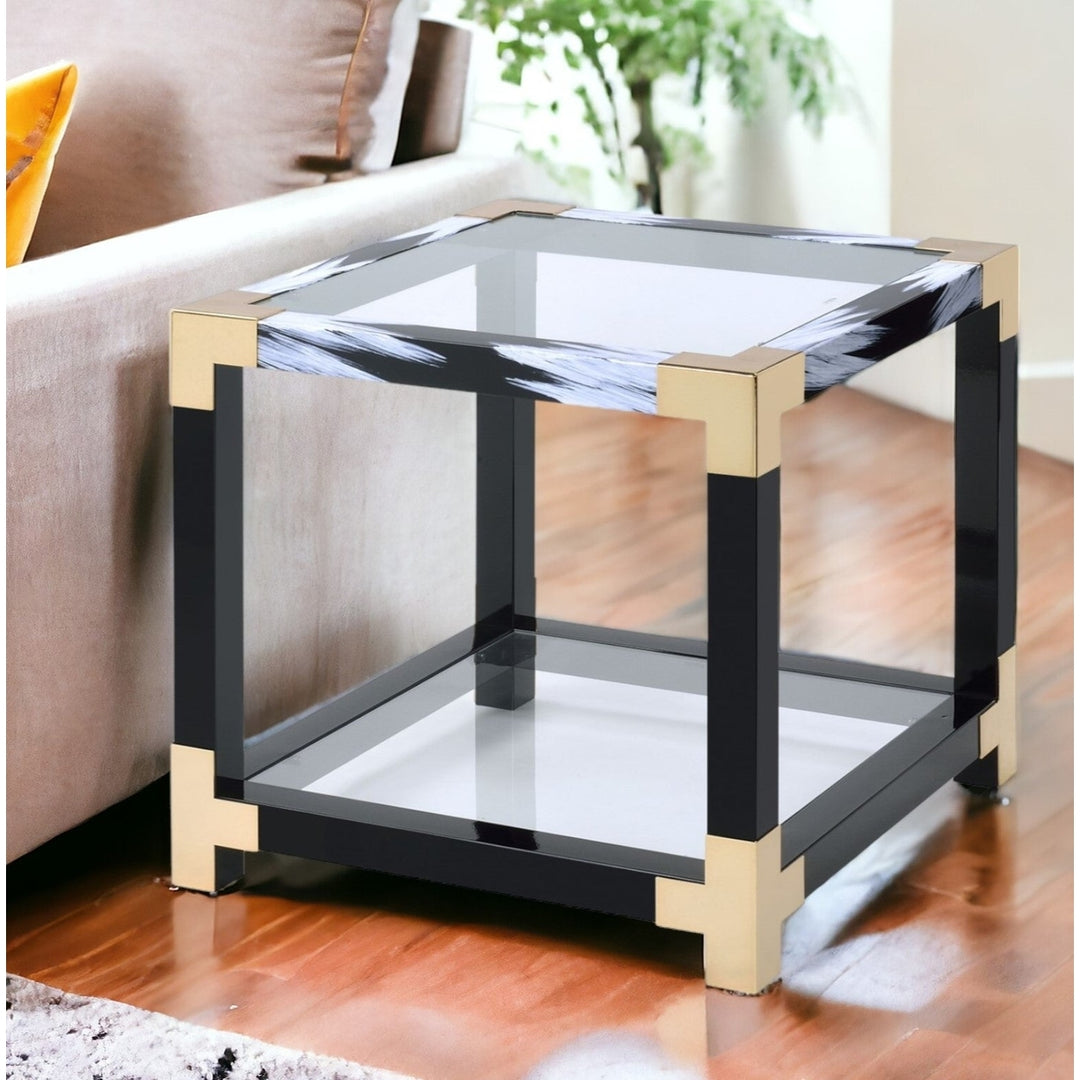 25" Black and Gold And Clear Glass Square End Table With Shelf With Magazine Holder Image 9