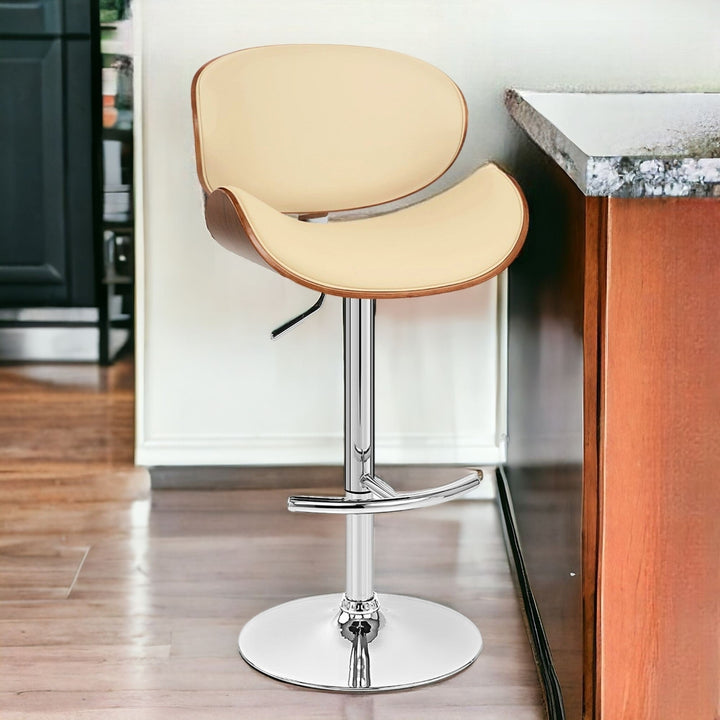 25" Cream And Silver Faux Leather And Solid Wood Swivel Low Back Adjustable Height Bar Chair Image 11