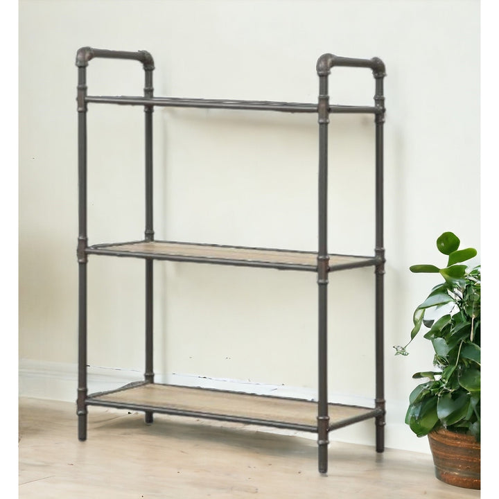 36" Antique Oak and Sandy Gray Metal Three Tier Standard Bookcase Image 4