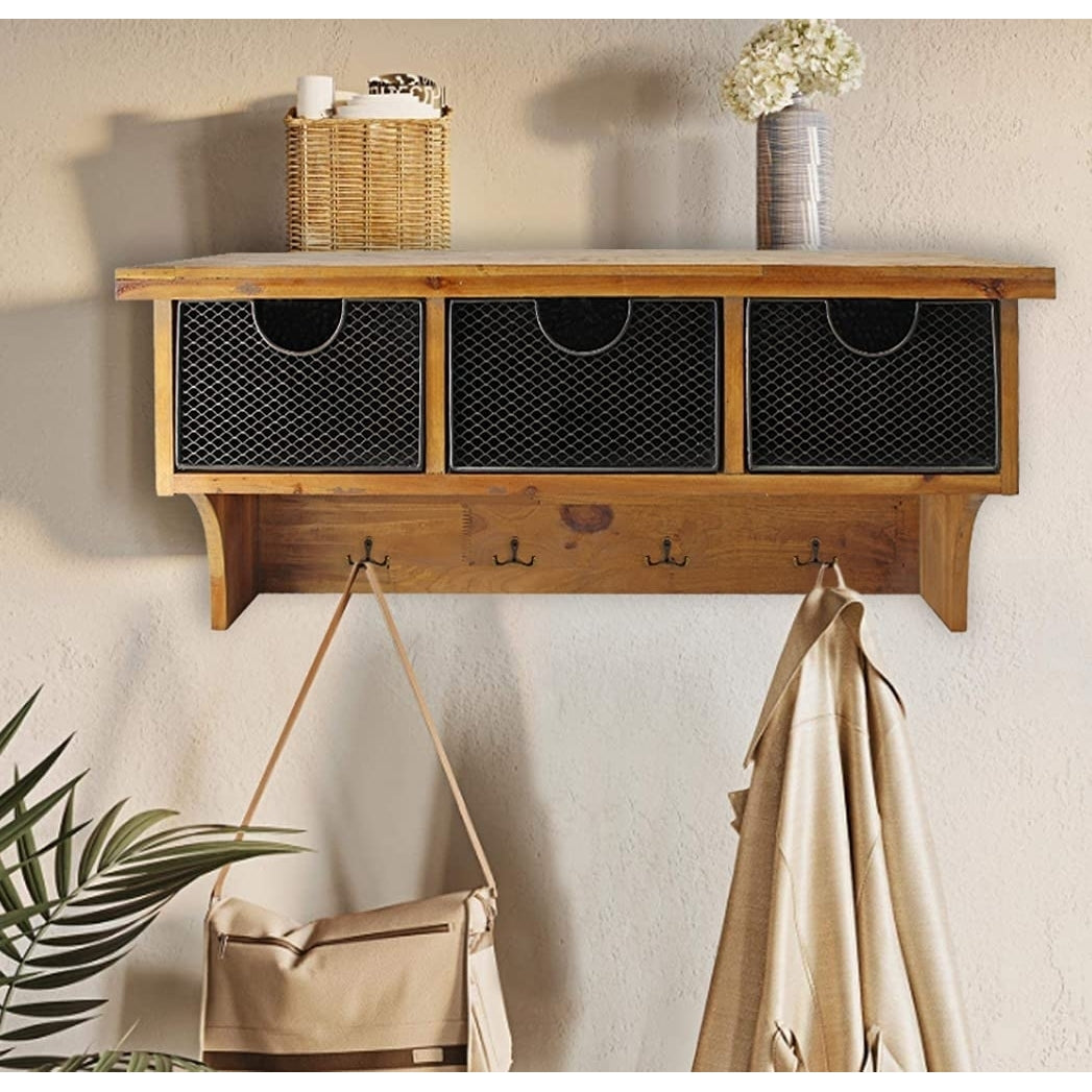 Brown Rustic Wooden Wall Shelf With 3 Drawers And Hooks Image 6