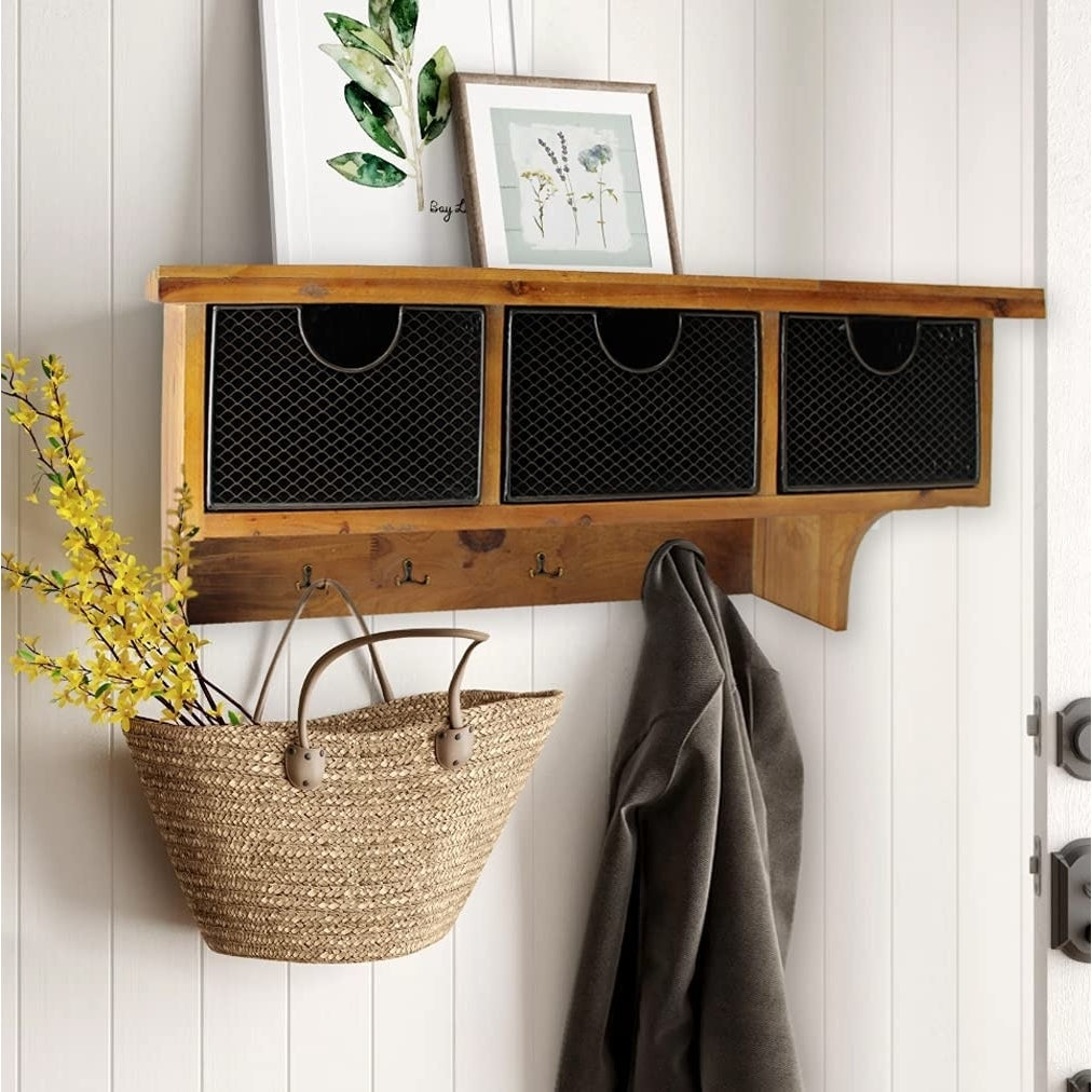 Brown Rustic Wooden Wall Shelf With 3 Drawers And Hooks Image 7