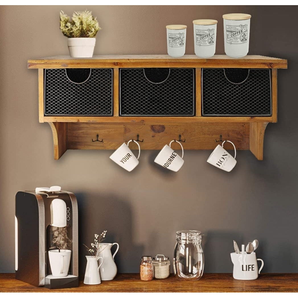 Brown Rustic Wooden Wall Shelf With 3 Drawers And Hooks Image 8