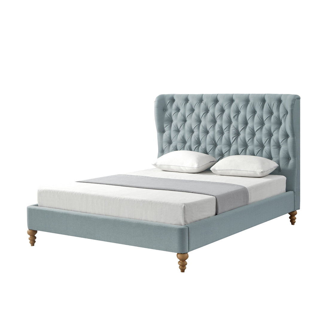 Blue Solid Wood Twin Tufted Upholstered Linen Bed Image 1